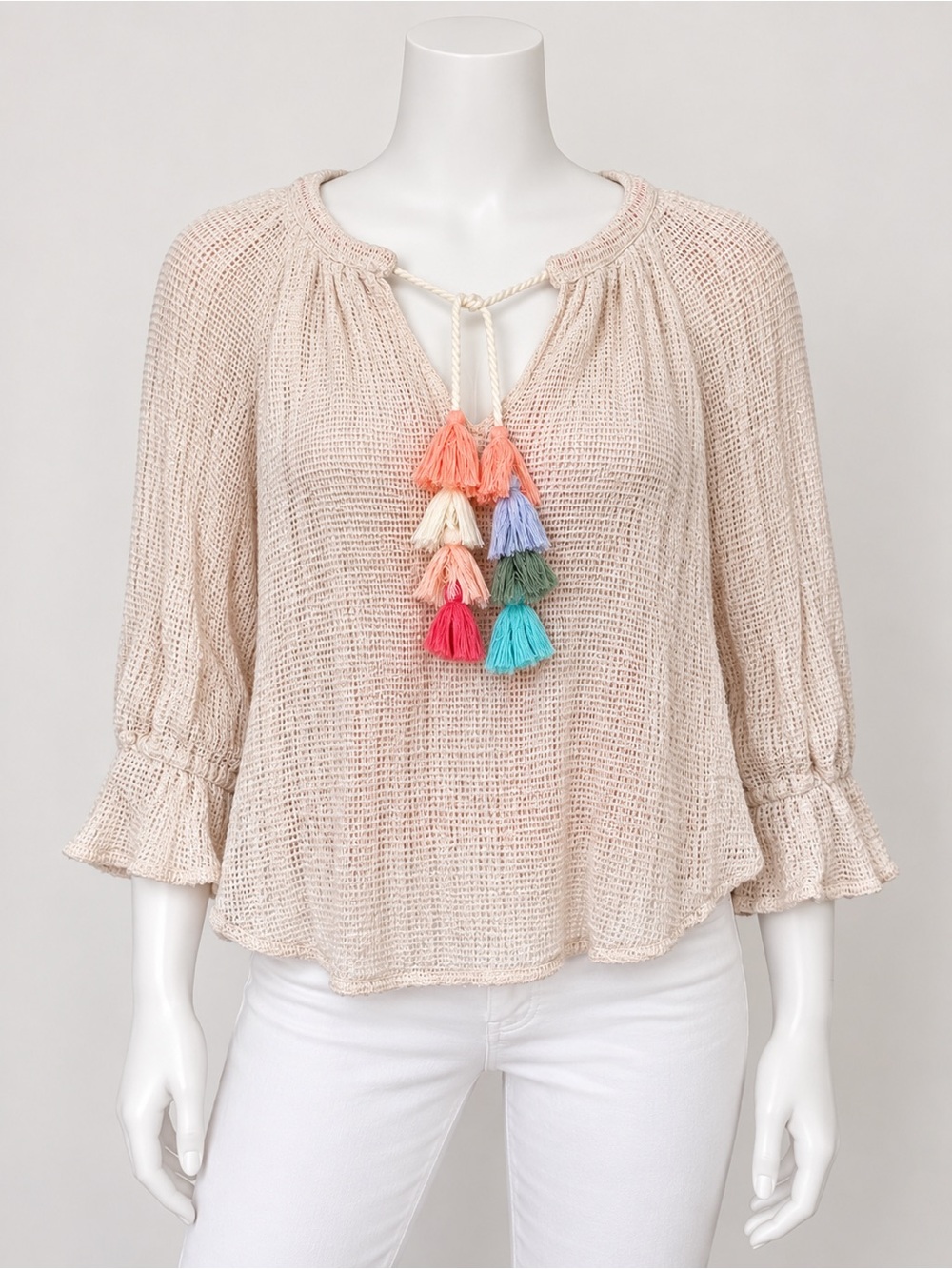 Zara Women's Cream Layered Mesh Peasant Boho Top Tassels Size XS